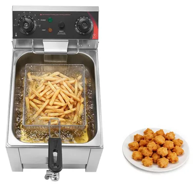 Obrázok produktu pre Elektrická fritéza SucceBuy s jedným košíkom, objem 6,8 litra, 2500 W, nerezová, stolný model s filtrom na olej, vrátane koša, pokrievky a regulácie teploty, ideálna pre reštaurácie a domácnosti