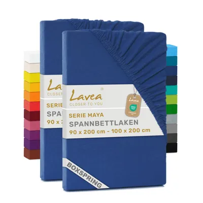 Produktbild von Lavea® 2er Pack Spannbettlaken 90/100x200 cm, Jersey Bettlaken 100% Baumwolle – Boxspringbetten, Wasserbetten, Matratzen bis 35 cm – Royalblau