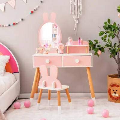 Produktbild von 2 in 1 Kinder Schminktisch & Stuhl-Set mit Spiegel & 2 Schubladen & Aufbewahrungsregal Rosa