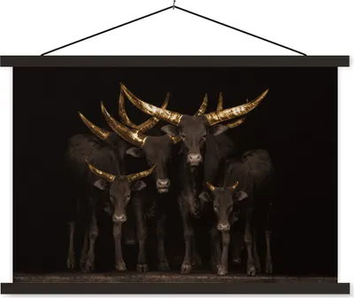 Produktbild von MuchoWow® Textilposter Kühe - Hörner - Gold 90x60 cm mit schwarzem Rahmen - Aufhängungssatz