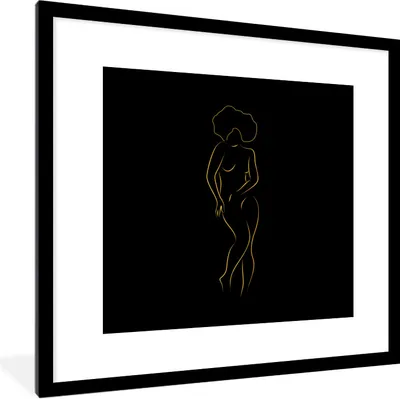 Produktbild von MuchoWow® Gerahmtes Poster Frau - Schwarz - Gold - Strichzeichnung 40x40 cm - Poster mit Schwarzem Bilderrahmen Wandposter Rahmen Foto Bilder - Poster - Plakat im Rahmen