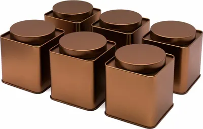 Produktbild von Dosenritter | 6x kupferfarbene eckige Teedose/Gewürzdose, STAPELBAR, aromadicht aus Metall für je 160g Earl Grey | 9.1 x 8 x 8 cm (H,B,T) Vorratsdose