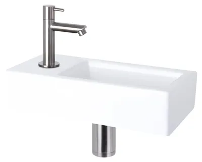 Produktbild von Differnz Helios Waschbecken klein, Handwaschbecken Keramik Weiß, Matt Chrom Arma
