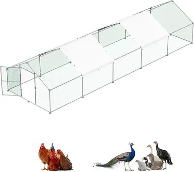 Imagen del producto de Gallinero exterior de 3x10x2 metros, recinto para gallinas con acceso al exterior. Estructura de acero galvanizado con techo y cerradura. Cubierta de polietileno. Jaula para gallinas, conejos, aves y pequeños animales
