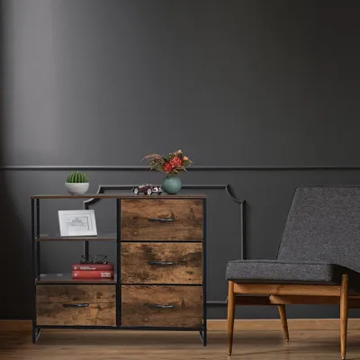 Produktbild von Relaxdays Kommode Industrial, HBT: 71,5 x 84 x 32,5 cm, Stoff, Metall, Holzoptik, 4 Schubladen, Sideboard, braun/schwarz