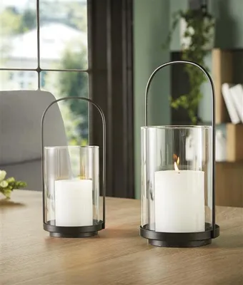 Produktbild von 2x Windlicht "Minimal" aus Metall, schwarz & Glas, Kerzenhalter für Stumpenkerzen, Kerzenglas, Windlichtglas