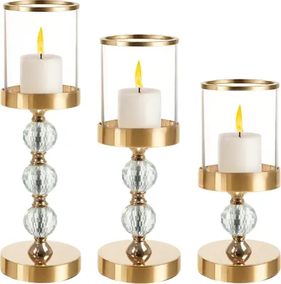 Produktbild von Windlichter Set 3 Stück RUHHY Glas Kerzenhalter auf Fuß in Gold (Glamour) Spiegelndes Inlay