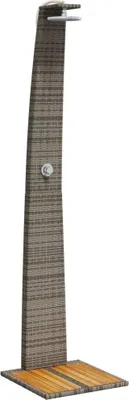 A freestanding outdoor shower with a rattan-like finish and a wooden base.