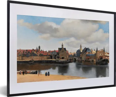 Produktbild von MuchoWow® Gerahmtes Poster Vermeer - Stadt - Alte Meister - Kunst 60x40 cm - Poster mit Schwarzem Bilderrahmen Wandposter Rahmen Foto Bilder - Schlafzimmer - Plakat in Rahmen - Drucken