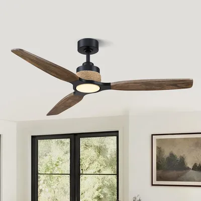 Image de Parrot Uncle Ventilateur de Plafond LED 142cm, Style Campagne Noir/Bois, 6 Vitesses, Réversible, Minuterie, pour Salon et Chambre