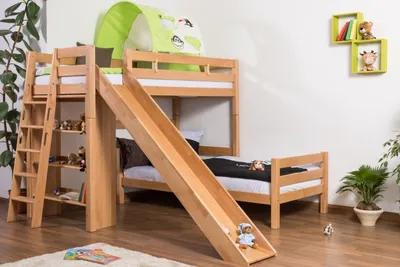 Produktbild von Kinderbett Etagenbett Pauli Buche Vollholz massiv natur mit Regal und Rutsche inkl. Rollrost - 90 x 200 cm, teilbar