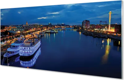 Produktbild von Glasbilder 120x60 Wandkunst Das Schiff Meer Stadt am Nachthimmel