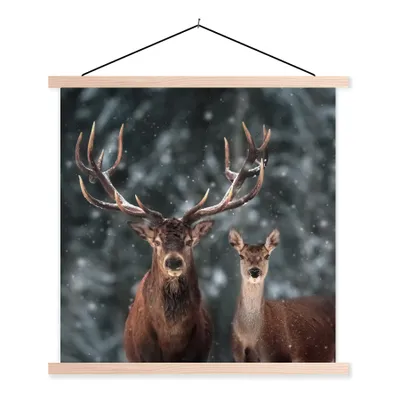 Produktbild von MuchoWow® Textilposter Hirsche - Tiere - Winter - Geweih - Schnee - Natur 40x40 cm mit holzfarbenen Rahmen - Posterleiste