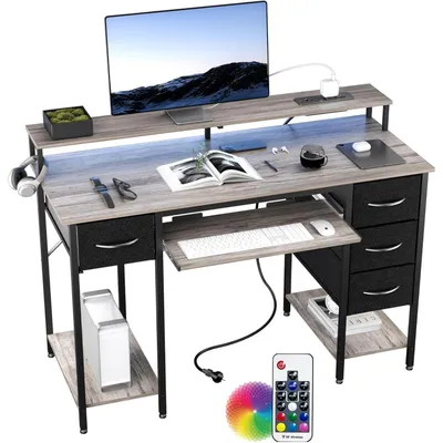 Produktbild von Gaming Schreibtisch mit Steckdosen & LED 120x50 cm Grau Computertisch mit Schubladen & Regal