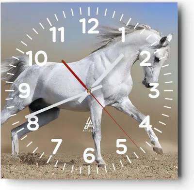 Produktbild von Wanduhr - Quadrat - Glasuhr - Pferd weiß Tier - 40x40cm - Schleichendes Uhrwerk - Lautlos - zum Aufhängen bereit - Dekoration Modern - Wanddekoration aus Glas - C4AC40x40-0167
