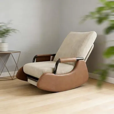 Produktbild von Bequemer Wohnzimmerstuhl, moderner Akzentstuhl mit weichem Stoff und Kunstlederdetails, gemütlicher Sessel für Schlafzimmer, Büro und Zuhause