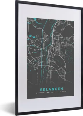 Produktbild von MuchoWow® Gerahmtes Poster Karte - Stadtplan - Erlangen - Deutschland - Blau 40x60 cm - Poster mit Schwarzem Bilderrahmen Wandposter Rahmen Foto Bilder - Poster in Rahmen