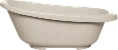 A taupe baby bathtub is shown against a white background.