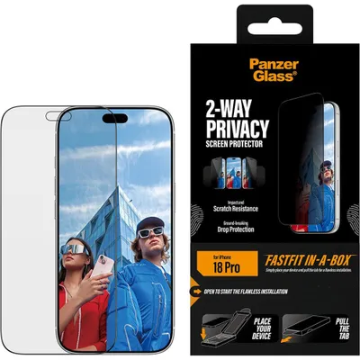 Obrázok produktu pre PanzerGlass ® 2-Way Privacy Screen Protector iPhone 18 Pro | Ultra-Wide Fit w. FASTFIT IN-A-BOX, Apple - iPhone 18 Pro, Suché aplikovanie, Odolné proti poškriabaniu, Odolný proti nárazom, Priehľadná, 1 kusov