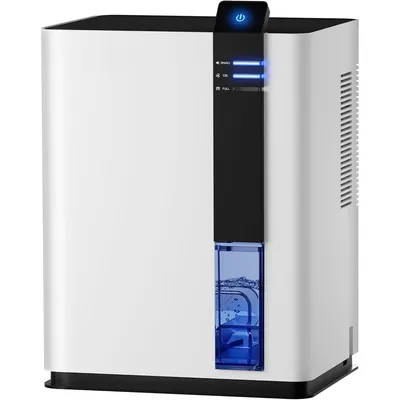 A white dehumidifier with a black control panel and a blue water reservoir is shown against a white background.