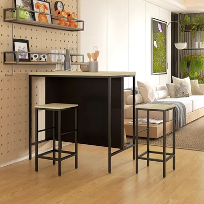 Produktbild von 2 Barhocker & Bartisch, Bartisch-Set 3-teilig Eiche, Stahlgestell MDF, Eiche/Schwarz  |  Fußstütze & Ablage  |  bis 170 kg  |  100 x 60 x 95 cm