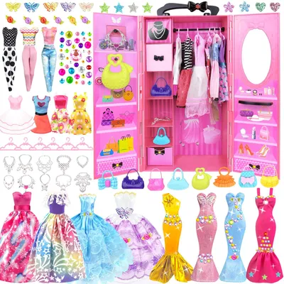 Produktbild von Puppenkleidung Puppenzubehör Puppenschrank - Für 11,5 Zoll Puppen - 85 Teile - Mit Puppenschrank - Für Kinder - Für Aufbewahrung von Kleidung und Zubehör