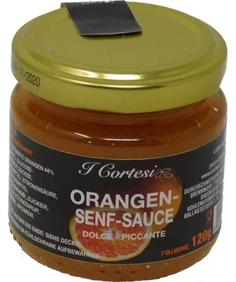 Zdjęcie produktu dla Sos pomarańczowo-musztardowy Cortesi z pysznych pomarańczy Dolce Piccante 120g