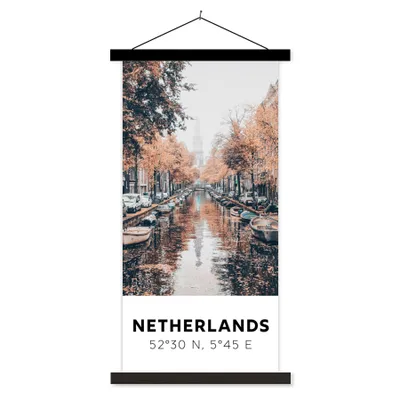 Produktbild von MuchoWow® Textilposter Niederlande - Amsterdam - Gracht - Herbst 90x180 cm mit schwarzem Rahmen - Dekoration Wohnzimmer