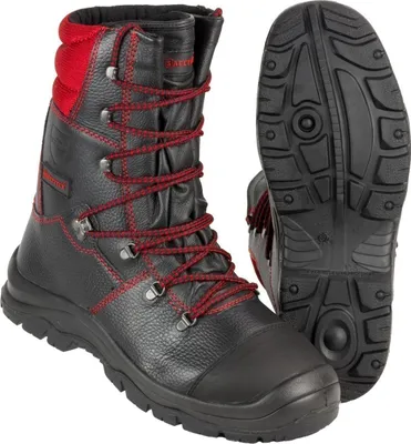 A pair of black and red safety boots are shown against a white background.