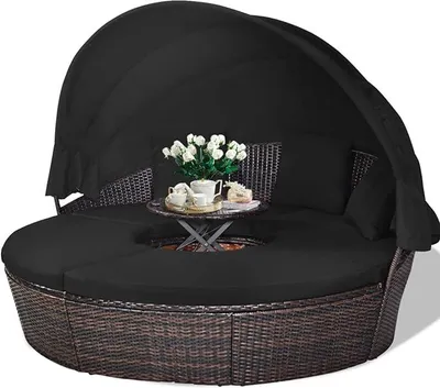 Produktbild von Rattan Sonneninsel mit Sonnendach, Gartenliege Sonnenliege mit Kissen, 5-teiliges Lounge Set mit faltbarem Regencover, Gartenlounge Terrassenmöbel bis zu 360 kg (Schwarz, 185 x 185 x 142 cm)