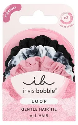 Zdjęcie produktu dla invisibobble Loop Be Gentle, Wstążka do włosów, Czarny, Wielobarwny, Różowy, Wzór, Dorośli, 3 szt.