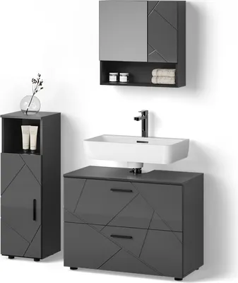 Produktbild von Badmöbel-Set Livinity Ronco Anthrazit Hochglanz 3 Teile, mit Midischrank, Model 52712