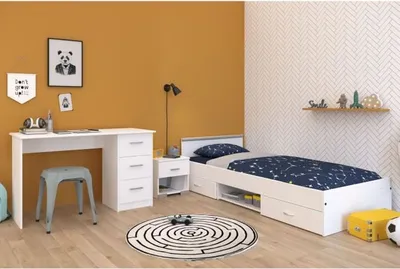 Produktbild von Komplettes 3-Zimmer-Kinderzimmer – Bett + Nachttisch + Schreibtisch – mattweißes Nachbildung