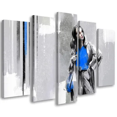 Produktbild von 5-teiliges leinwandbild frau im mantel 200x100 cm Feeby silber wandbild bereit zum aufhängen