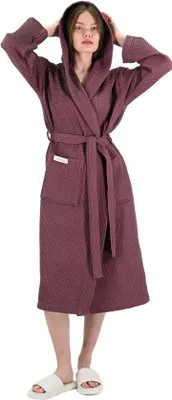 Image de Unyqoos® L&G : Peignoir en coton 100%, motif nid d'abeille, taille L, violet, unie, avec capuche, poches et ceinture