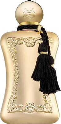 A gold perfume bottle with a black tassel.