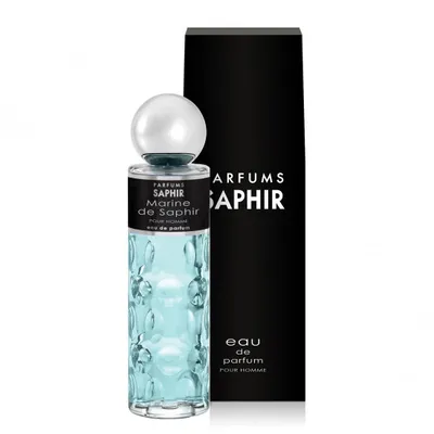 A bottle of Saphir Marine Eau de Parfum and its packaging are displayed against a white background.