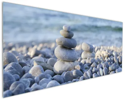 Produktbild von Wallario Küchenrückwand aus Glas, Größe: 125 x 50 cm, Motiv: Steinstapel am Strand | Spritzschutz | abwischbar | pflegeleicht | in