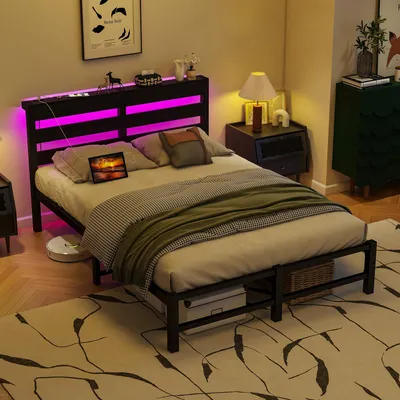 Produktbild von Flieks Jugendbett 120x200cm mit USB, Kinderbett Metallbett mit LED, Klassisches Bett Doppelbett mit Kopfteil und Lattenrost, Schwarz