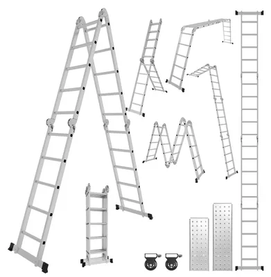 Image de Échelle multifonctionnelle Eikuavons 7 en 1, 4 x 5 marches, environ 580 cm / 5,8 m, échelle télescopique en aluminium avec 2 plateformes, 2 roulettes, capacité de charge maximale de 150 kg