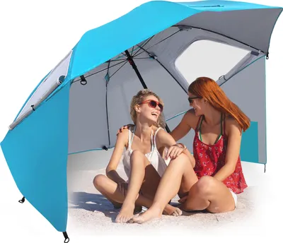 Image de Parasol de plage Clanmacy 210 cm Protection UV 50+ Inclinable avec piquet Sac de transport Hydrofuge Plage Jardin Parasol de balcon Parasol de jardin Bleu ciel