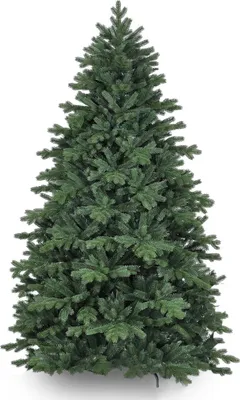A full shot of a green artificial Christmas tree on a white background.