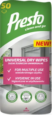 Zdjęcie produktu dla Presto uniwersalne chusteczki czyszczące – suche, 1 opakowanie – 50 sztuk