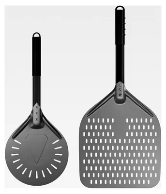 Produktbild von Perforierte Pizzaschaufel 12 Zoll und Pizzawender 8 Zoll aus harteloxiertem Aluminium mit Silikongriff