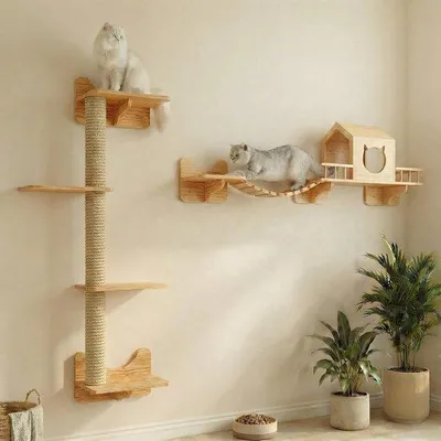 Productafbeelding van Kat Klimgordijn Set, Muurgemonteerde Kattenmeubels, Kattenwandrek met 1 Kattenhuis, 1 Brugladder, 3 Krabpalen en 5 Treden voor Speelse K