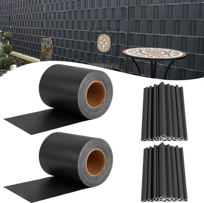 Produktbild von UISEBRT 35m x 19cm Sichtschutzfolie 2 Rolle PVC Sichtschutzstreifen mit Zaunfolie Befestigungsclipse Windschutz Stabmattenzaun Gartenzaun Blickdicht Doppelstabmatten für Gartenzaun, Balkon, Anthrazit