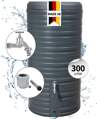 A graphite gray water barrel with various accessories shown in inset circles, against a white background with water splashes.