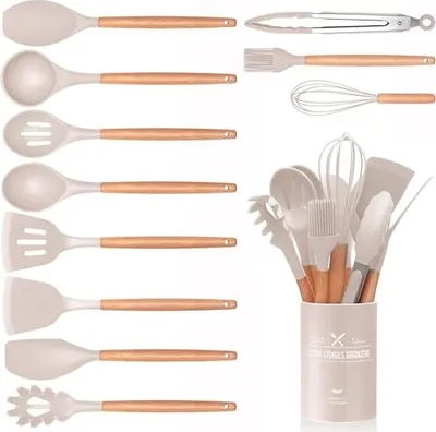 Produktbild von 12-teiliges Küchenutensilien-Set, Silikonutensilien, die nicht hitzebeständiger Holzgriff kochen, Spatel Kochgeschirrspüler sicher