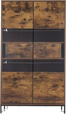 Produktbild von Vitrine 80x40x138cm Schwarz + Holzmaserung LED-Beleuchtung Standvitrine 2 Schubladen Stauraumvitrine Acrylblende Highboard Weinschrank Buecherregal