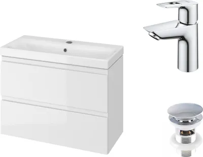 A white bathroom vanity with two drawers, a white sink, a chrome faucet, and a pop-up drain are displayed against a white background.